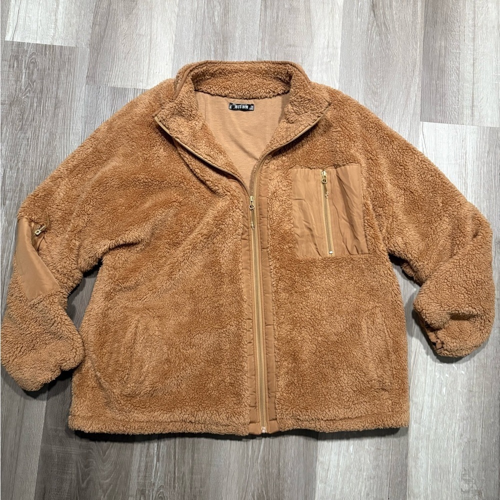 BTFBM Women’s Sherpa Fleece Zip up jacket. Teddy Coat Tan Brown. Size XXL